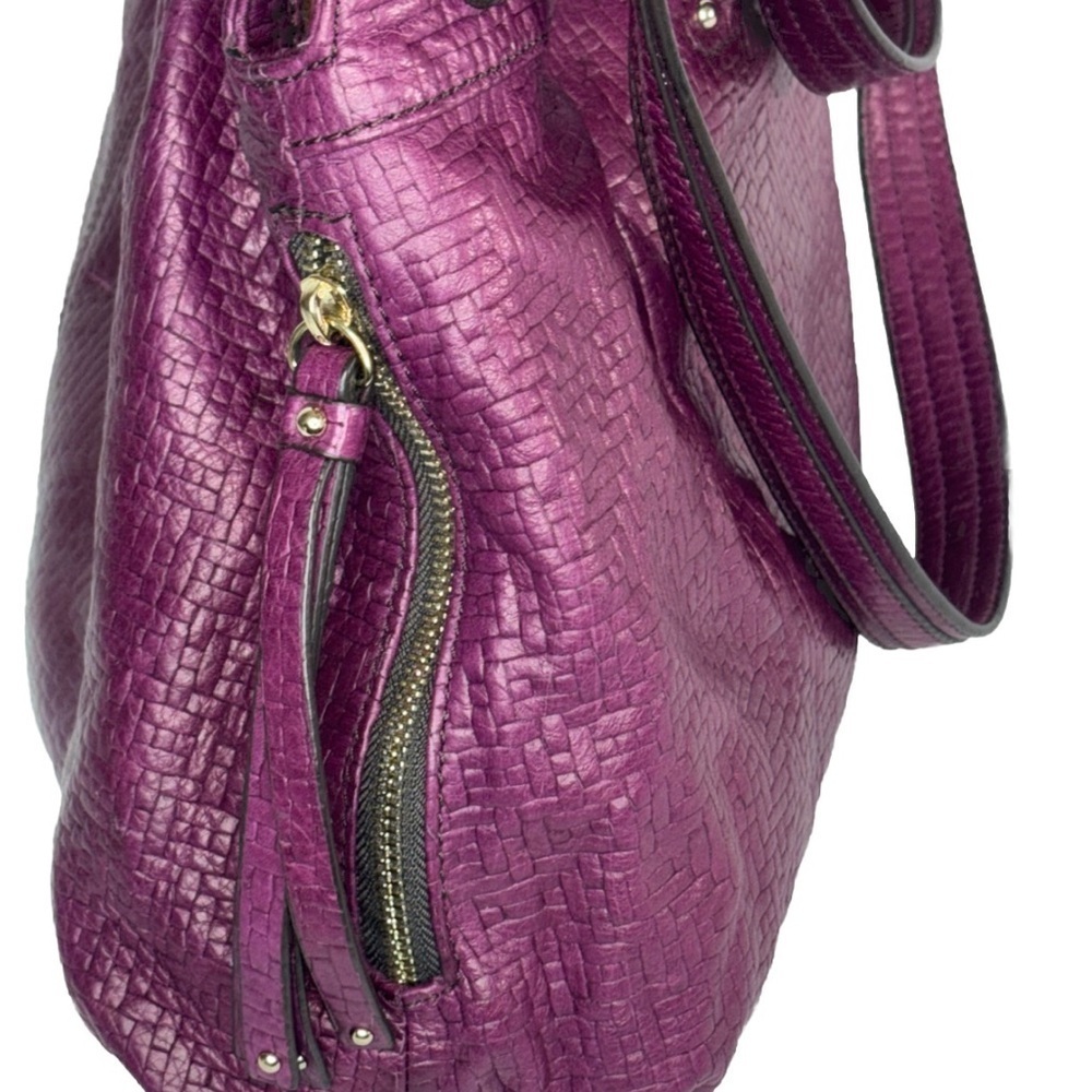 B. Makowsky Plum Embossed Leather Shoulder Bag Large Tote Leopard Lining - Picture 4 of 14